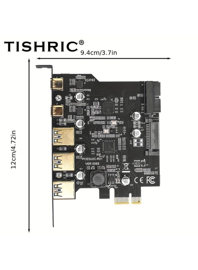 بطاقة توسعة PCIe USB سوداء 1X إلى Type E مع 3 منافذ USB 3.0 و 2 منفذ Type C، مزودة بمصدر طاقة مزدوج USB 3.2 الجيل الثاني بسرعة 5 جيجابت في الثانية، وتعمل بطاقة SATA لأجهزة الكمبيوتر المكتبية. - Image 2